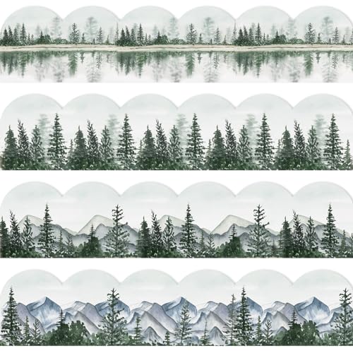 69Ft Watercolor Forest Bulletin Board Borders 4 Designs Self-Adhesive Border Sticker Greenery Botanical Decorative Border Trim Decal for School Classroom Office Party Decor, 60Pcs