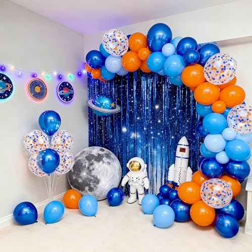 Image of Bezente Blue and Orange Party Latex Balloons Kit 60pcs 12-in with 1 ribbon | Light Royal Blue Nude Orange Confetti Helium Balloons for Kids Birthday Baby Boys Shower Anniversary Graduation Party Decor
