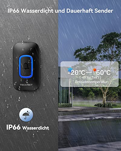 TECKNET Funkklingel, Kabellose Türklingel Batteriebetrieben mit RGB Licht, 60 Melodien, IP66 Wasserdicht Außen Haustürklingel Set, 400m Funk Reichweite Klingel Haustür Kit mit 4,5 Jahre Lebensdauer