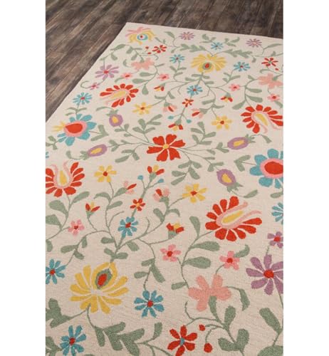 Image of Floral Pattern Wool Carpet with Loop Texture Yarn Anti Shedding Carpet Size 10x14 Feet A3 Ivory & Multi