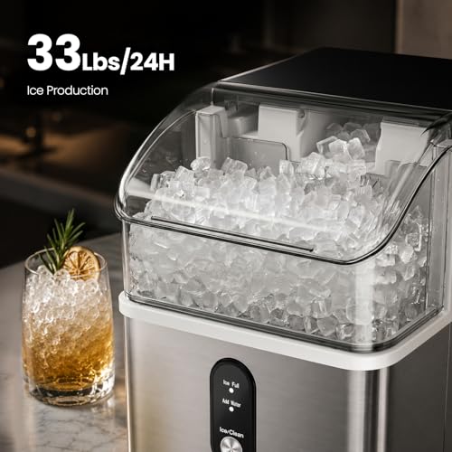 Image of Kismile Nugget Ice Maker Countertop,33Lbs /24H Ice Machine with Chewable Ice,Self-Cleaning Portable Ice Maker with One-Click Operation,for Home /Kitchen /Office(Silver)