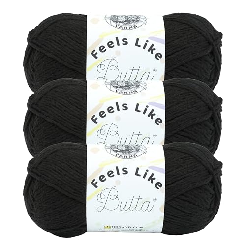 Image of Lion Brand Yarn Feels Like Butta Yarn, Velvety-Soft Yarn for Crocheting and Knitting, 3 Pack, Black