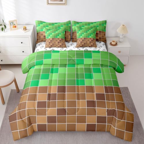 Image of Erosebridal Gaming Plaid King Comforter Set with Sheets 7 Piece Geometric Checkered Gamer Bed in A Bag Checkerboard Games Bedding Sets for Kids Adults,Brown Green Grids Bed Set