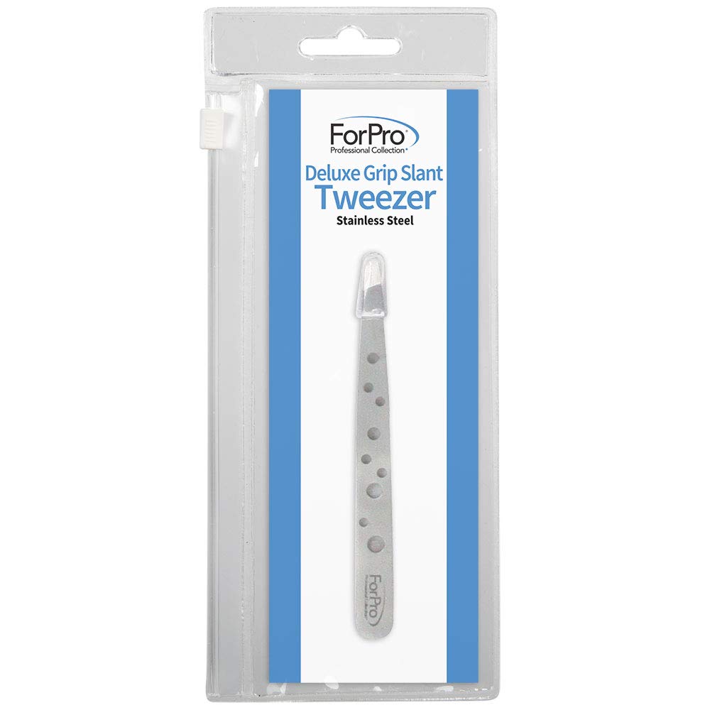 ForPro Professional Collection Deluxe Grip Slant, Stainless Steel Non-Slip Grip, Precision Eyebrow and Facial Hair Tweezer, 3” L