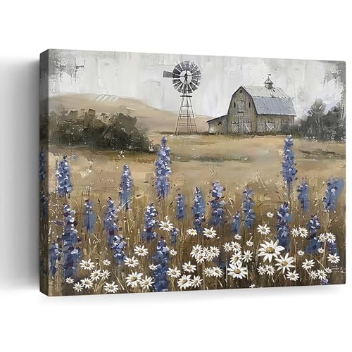 Stampa su tela vintage con campagna, campo fiorito, prato, paesaggio, rustico, mulino a vento, fienile, opera d'arte con cornice lavanda margherita, arte per casa, camera da letto, soggiorno, 30,5 x