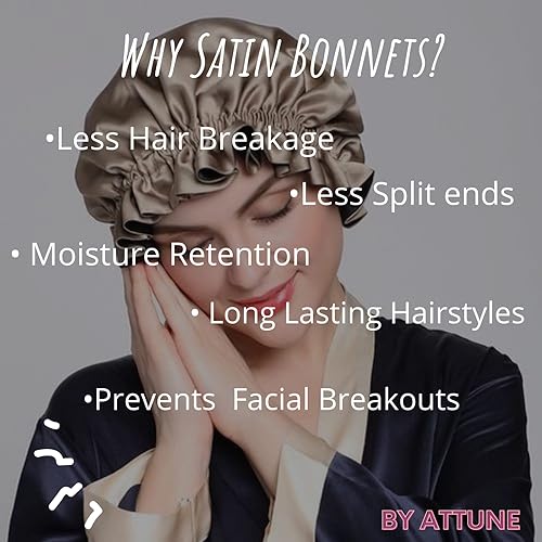 Image of Attune SatinSilkBonnet for Hair with 4 Premium Scrunchies, Adjustable Silk Hair Cap for Sleeping, Satin Bonnet for Curly Hair with Drawstring (Beige)