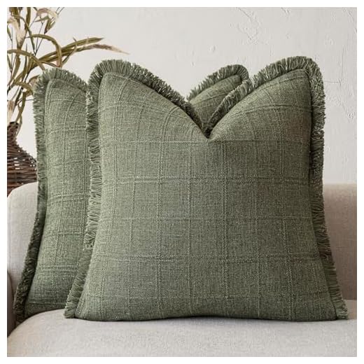 Foindtower Set of 2 Decorative Linen Check Fringe Throw Pillow Covers Farmhouse Vintage Cushion Covers Modern Boho Home Decor for Sofa Chair Couch Bedroom Living Room,20×20 Inch,Olive Green