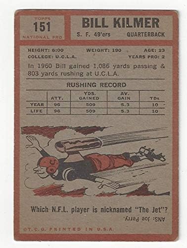 Vintage Bill Kilmer Rookie Card Collectible Football Card - 1962 Topps Football Card #151 (San Francisco 49er's) Free Shipping