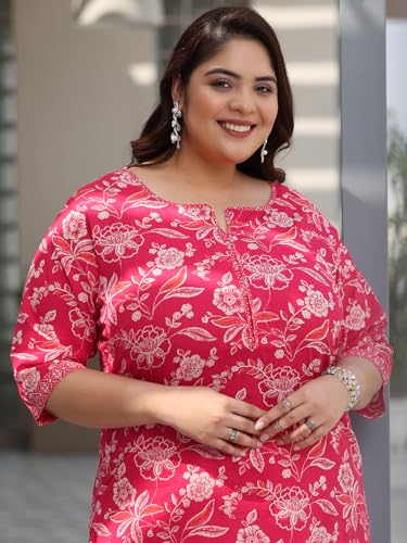Image of Plus Size Printed Cotton Straight Kurta With Palazzo and Dupatta
