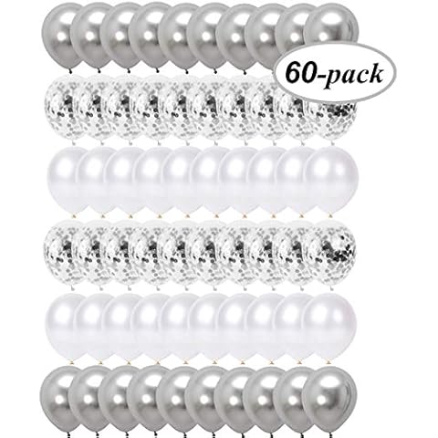 Silver Metallic Balloons Set, Silver Confetti Balloons, Balloons Silver and White, Silver helium balloons for Wedding Birthday Graduation Bridal Baby Shower Christmas Party Decoration, 60 Pieces Cover