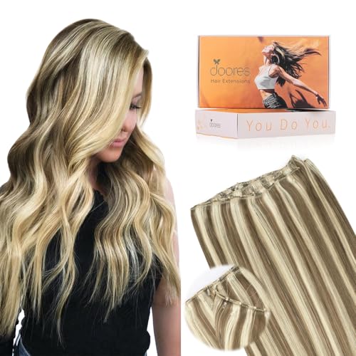 Image of DOORES Beaded Weft Hair Extensions Real Human Hair Straight, 24 Inch 120g Light Brown Highlight Medium Blone, Thick Ends Double Weft Bundles Hand Tied