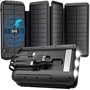 superallure Solar Charger, Power Bank, Portable Charger,43800mAh QC3.0 Fast Charger Qi 10W Wireless Charger 4 Solar Panel Built-in 2 Kinds Output Cable and 680Lumen flashlights