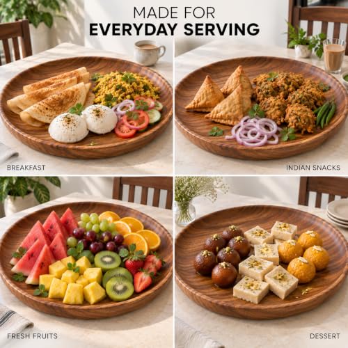 Image of Wooden thali, Sheesham Wood Serving Plate, 25.4 cm Round, Natural Brown, Chemical-Free (Extra Large Plate)