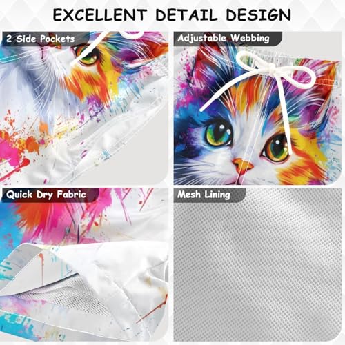 DOMIKING Cat Splatter White Boys' Pull On Swim Trunks Quick Dry Boardshorts with Mesh Lining for Pool Gym Beach M3
