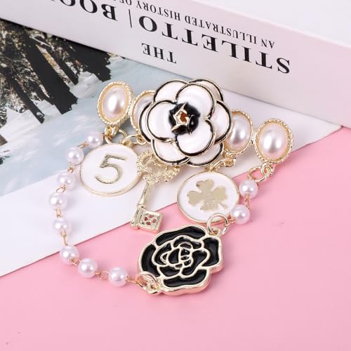 Image of Dimeho Imitation Pearl Dangle Chain Brooch Vintage Lapel Pins and Brooches for Women Four Leaf Clover Brooch