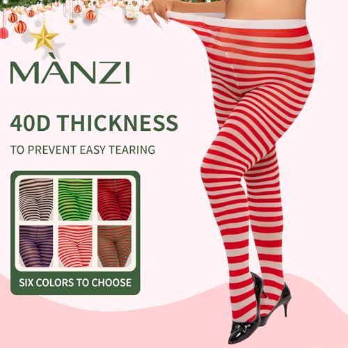 Image of MANZI 2 Pairs Women's Plus Size Colored Striped Tights 40D Nylon Striped Pantyhose for Halloween Christmas