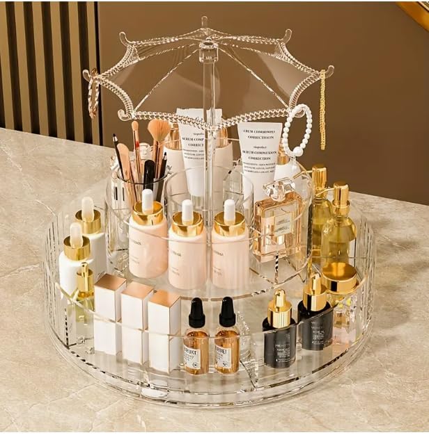 Image of Round Shaped Dust-proof Cover Transparent Rotating Cosmetic Storage Rack - Large Capacity 2-Layer 360 Rotating Makeup & Skincare Organizer with Umbrella Stand - Clear Display (Pack of 1)