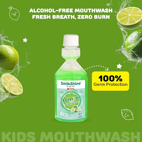 Image of SmiloShine Kids Mouthwash-Alcohol Free-For Fresh Breath & Protection Against Germs-Ages 3+ (Lemon Lime Flavour), 150 Milliliter