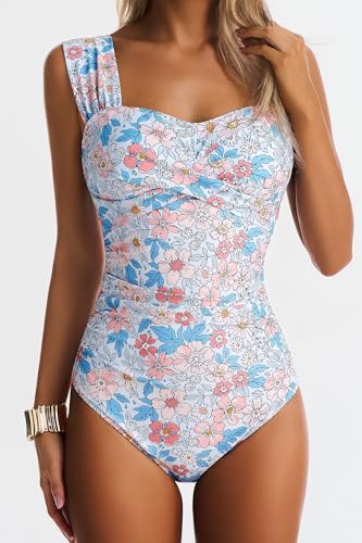 EVOCRCO Womens One Piece Swimsuits Tummy Control Bathing Suits Modest Full Coverage Swimsuit Wide Straps Swimwear Orange Floral - image 3