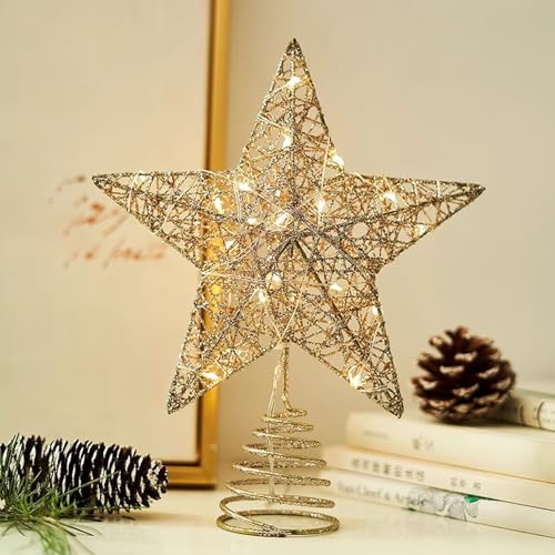 Estrella para Arbol de Navidad Dorada,Estrella para Copa del Árbol de Navidad con Luz, 25CM Estrellas Superiores De 20 Luces LED, para Interiores y Decoracion Festival Hogar,Fiesta,Salón