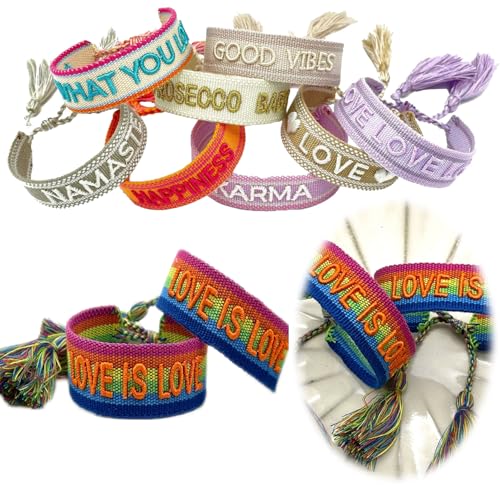 LS-LebenStil Exklusives Statement Armband - das Original - Love is Love Regenbogen 16-20cm Quasten besticktes Boho Canvas Webarmband Damen Freundschaftsarmband Geschenk gewebt textil Stoffarmband