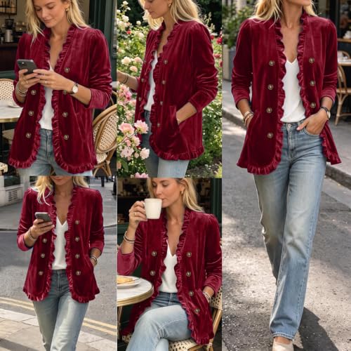 Velvet Jacket Women Velour Button Front Jackets Ruffle Trim Velvet Blazer - image 7
