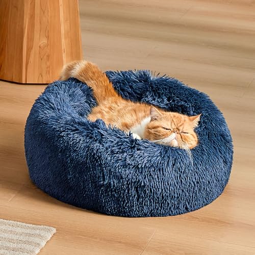 Image of Bedsure Calming Cat Beds for Indoor Cats - Small Cat Bed Washable 20 inches, Anti-Slip Round Fluffy Plush Faux Fur Pet Bed, Fits up to 15 lbs Pets, Navy
