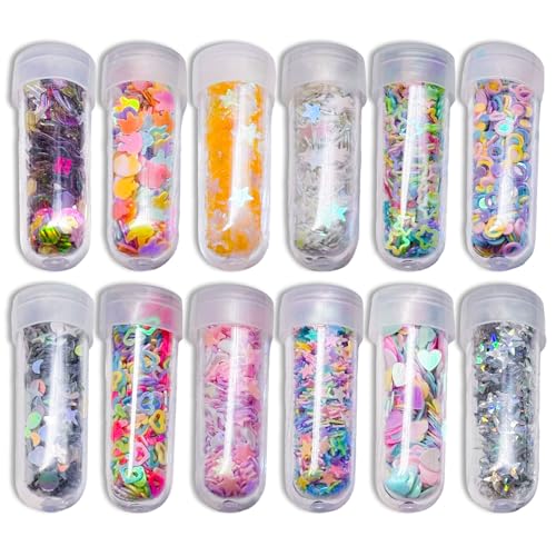 Sequins Glitter 12 Bottles Colors Face Sequins Crafts Glitter Festival Decoration Beauty Set Craft Glitters for DIY Slime Bath Ball Nail Art Card Making Resin Cellphone Decorations