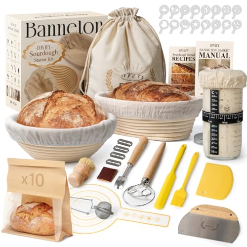 Image of BAVIFY Sourdough Starter Kit, 9" Round & 10" Oval Banneton Bread Proofing Baskets Set with Jar, Sourdough Bread Baking Supplies Bread Making Tools, Sourdough Kit Gifts for Bakers Women