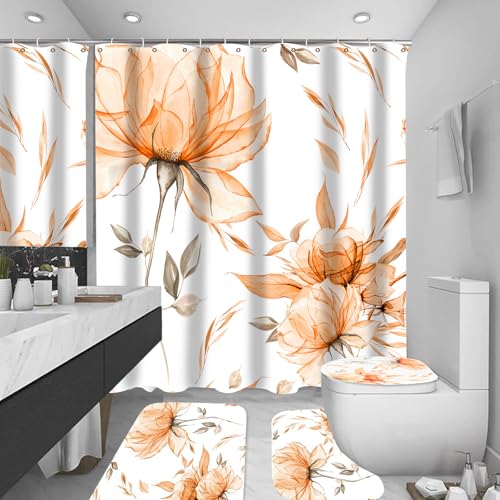 Sutowe Juego de cortinas de ducha de 4 piezas con alfombras y 12 ganchos, 180 x 180 cm, cortina de ducha con estampado floral de acuarela, accesorios de baño, decoración del hogar (naranja 01)