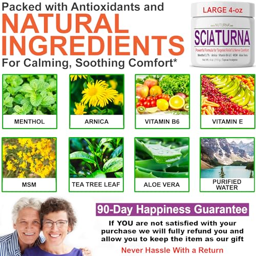 Sciatica Nerve Cream - Maximum Strength Comfort Cream for Feet, Hands, Legs, Toes, Back - Natural Ultra Strength Arnica, MSM, Menthol, Soothing Comfort, Large 4 Oz