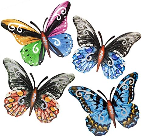 SUNNEKO 4 Pieces Butterfly Wall Art Decoration Ornaments Indoor Outdoor Garden Yard Wall Hanging Sheds Walls Fences
