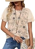 Womens Short Sleeve Tops Dressy Casual Short Sleeve Shirts Chiffon Blouses Tshirts Shirts Boho Ruffle Sleeve Spring Tops 2026 Women's Clothing Cute Travel Outfits Ladies Tops and Blouses L