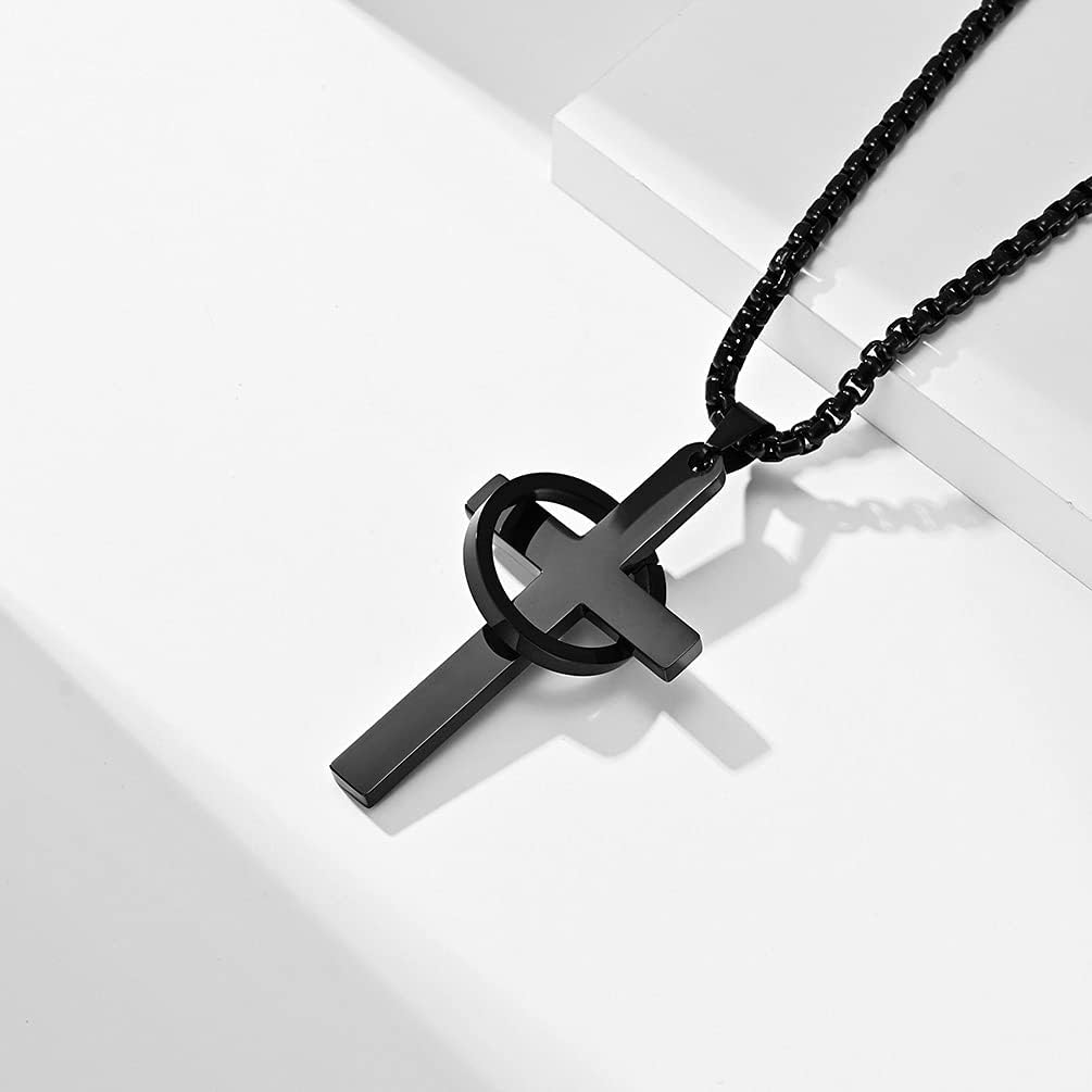 Cross Necklace for Men,Stainless Steel Black Silver Jesus Christ Crucifix Pendant Necklace Jewelry，60cm Rolo Chain - Image 5