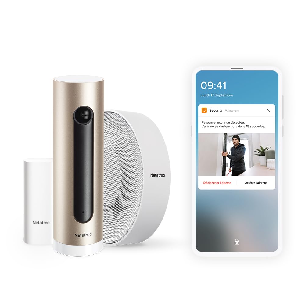 Netatmo Sistema di allarme video intelligente completo, telecamera WiFi da interno + sirena wireless 110 DB + 3 rilevatori di apertura per porte e finestre, NBU-ICSS-EU