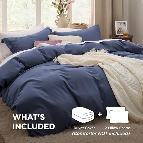 image for Bedsure Navy Duvet Cover King Size - 3 Pieces Prewashed Cotton-Like Ex