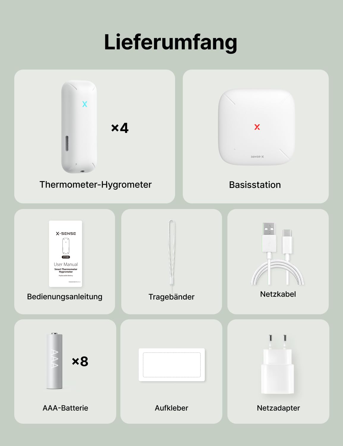 X-SENSE WLAN Hygrometer-Thermometer mit SBS50-Basisstation, Smart Temperatursensor für Innenraum-Temperatur & Luftfeuchtigkeit, App-Benachrichtigungen, 4 Sensoren & 1 Basisstation，STH0B41