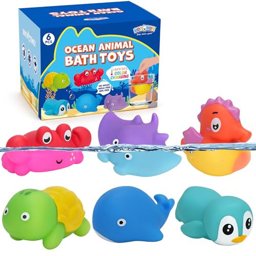 BenBen Bath Toy, 6PCS Color Changing Bath Toys for Kids Ages 1-3, No Holes Baby Bath Toys for Toddlers 2-4, Ocean Sea Animal Bathtub Toys