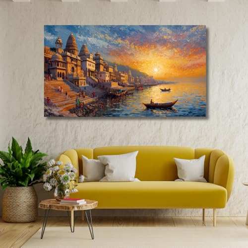 Image of KUNJ CART Spiritual Varanasi Ghat Painting on Canvas ( FRAMED & UNFRAMED OPTIONS ) | Artistic Abstract Oil Painting Banaras Scene with Boats | Kashi Vishwanath Ghat Spiritual Hindu God Wall Art | Ganga Arti River Traditional Art for Living Room Home Decor