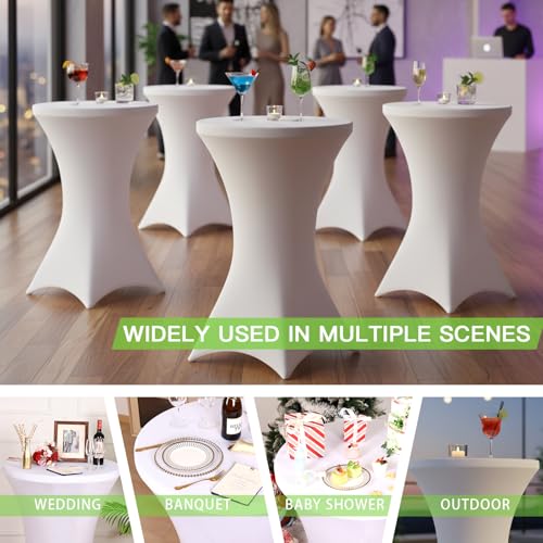 Image of Fixwal 8 Pack Spandex Cocktail Table Covers, 32x43 Inch White Fitted Stretch Highboy Round Cover Table Cloth for Party, Bar, Pub, Wedding, Banquet