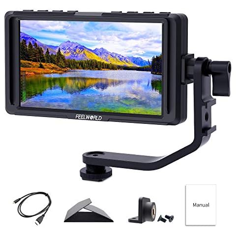 FEELWORLD F5 5 inch DSLR On Camera Field Monitor Small Full HD 1920x1080 IPS Video Peaking Focus Assist with 4K HDMI 8.4V DC Input Output Include Tilt Arm Cover