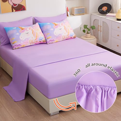 Image of Twin Bedding Sets for Girls 5 Piece,3D Dreamy Lavender Unicorn Comforter Set for Girls, Ultra Soft and Fluffy, Rainbow Bed in a Bag with Comforter Sheets Pillowcase & Sham