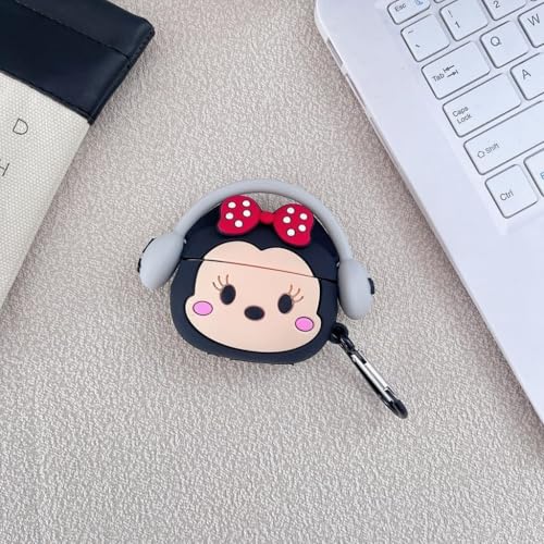 Image of Meyaar Earphone Case Cover Compatible for Realme Buds T300, Soft Silicone Skin Case Cover Shock-Absorbing Protective Case with Keychain (Front LED Visible) (Minnie with Grey Band)