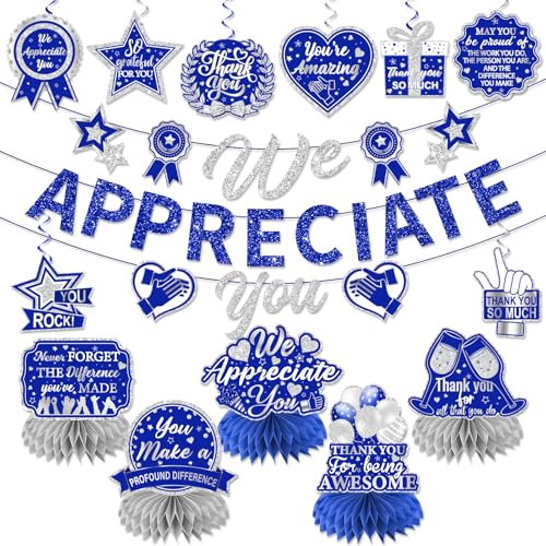Image of We Appreciate You Decorations, Blue Silver Thank You Decorations includes We Appreciate You Banner and Employee Appreciation Table Decorations and Hanging Swirls for Pastor Appreciation Decorations