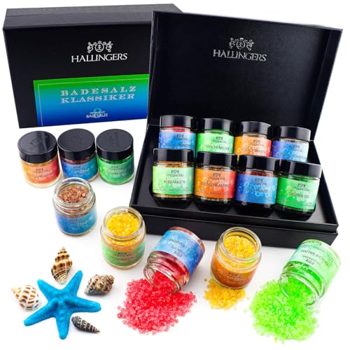Hallingers Sales de baño clásicas – Azul – Juego de 8 sales de baño con sales del Mar Muerto, 8 sales de baño en vasos de rosca y caja (juego) – Regalo para el Día de la Madre e ideas de regalo para