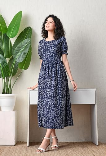 Image of Ichaa Women's Blue Cotton Printed Maternity Dress with Feeding Zips and Pocket| in Plus Sizes
