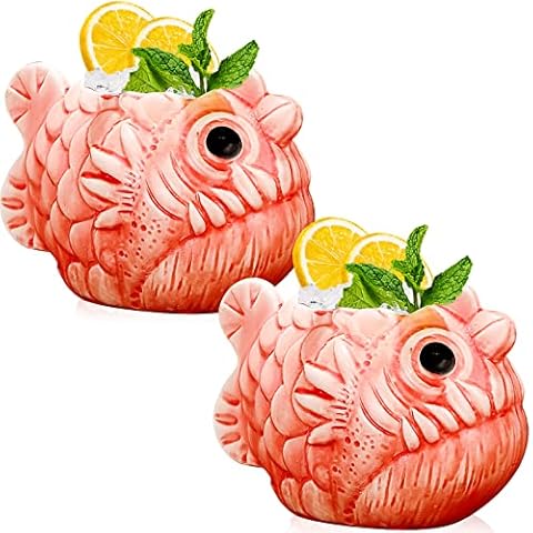INFTYLE Tiki Mugs Fish Cocktail Tiki Cups 22oz/650ml Set of 2 Creative Red Tiki Glasses Tiki Bar Glasses Large Ceramic Hawaiian Themed Tropical Tiki barware for Party Barware Cover