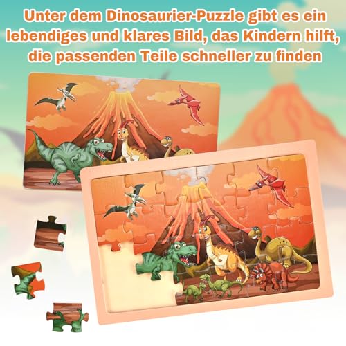 Wooderma Kinderpuzzle Dinosaurier, Dino Puzzle für Kinder ab 3 4 5 6 Jahre, Tier Holzpuzzle mit 4x24 Teilen, Montessori-Spielzeug, Lehrreiches Vorschulspielzeug, Geschenke für Jungen Mädchen