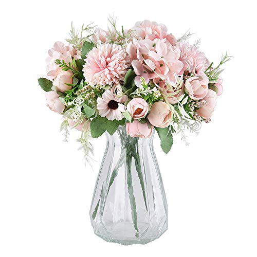 Martine Mall 4 Packs Artificial Peony Flowers Fake Peony Silk Hydrangea Bouquet Artificial Flowers Bouquet with Peony Hydrangea Carnations Fake Flower Arrangements for Wedding Table Decor Pink