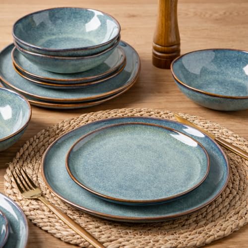Image of AmorArc Ceramic Dinnerware Sets for 4, 12Pcs Plates and Bowls Sets Dishes | Stoneware Handmade Reactive Glaze Dinner Set, Highly Scratch Resistant | Dishwasher & Microwave Safe Dishware